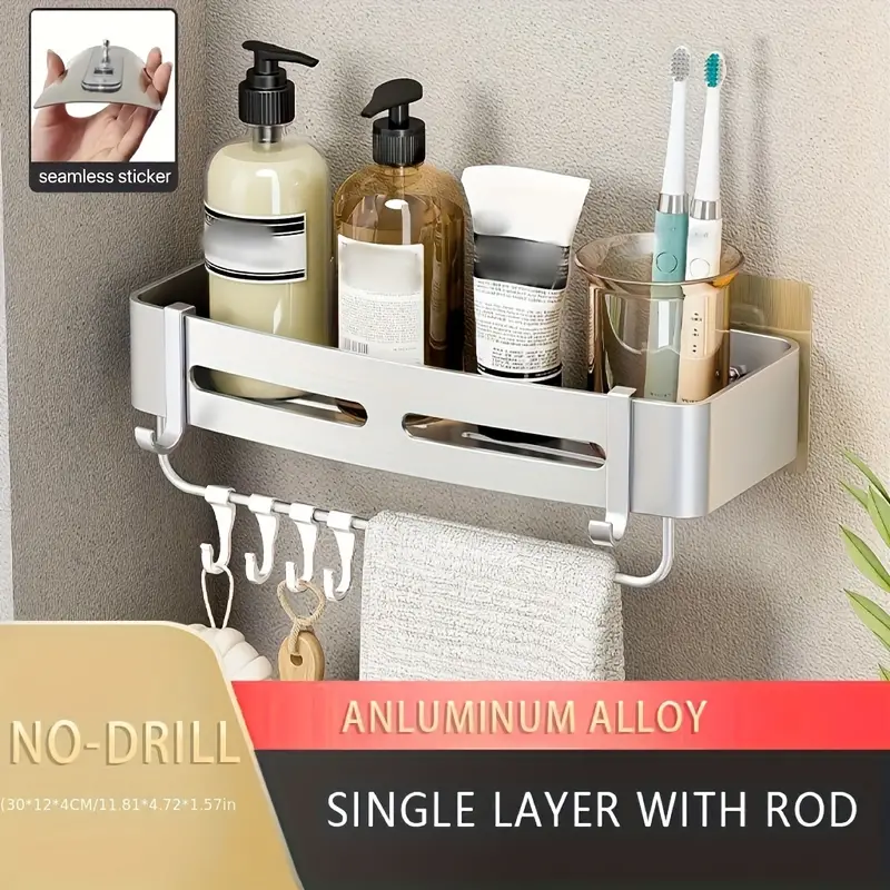 2pcs Silver Space Aluminum No-drill Adhesive Bathroom Shelf With Wide  Border, Wall-mounted Triangular Storage Rack For Sink Or Toilet