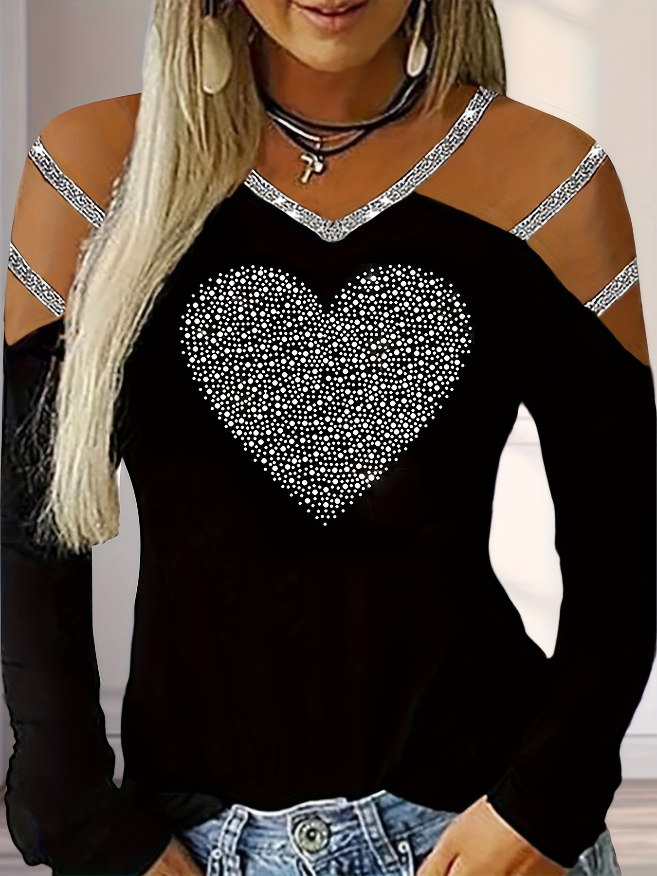 Rhinestone Heart Pattern V Neck T shirt Casual Cutout Long - Temu Canada