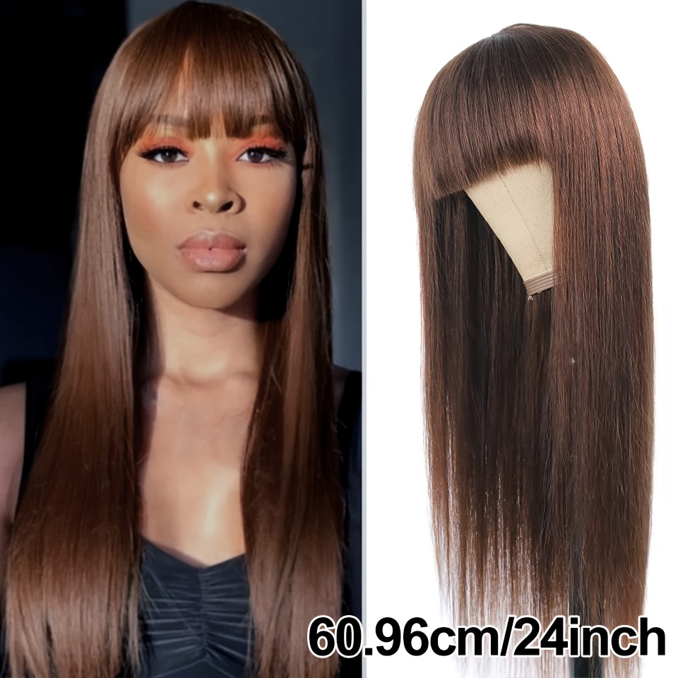 180 Density Glueless Straight Wig Bangs Chocolate Brown Temu Canada