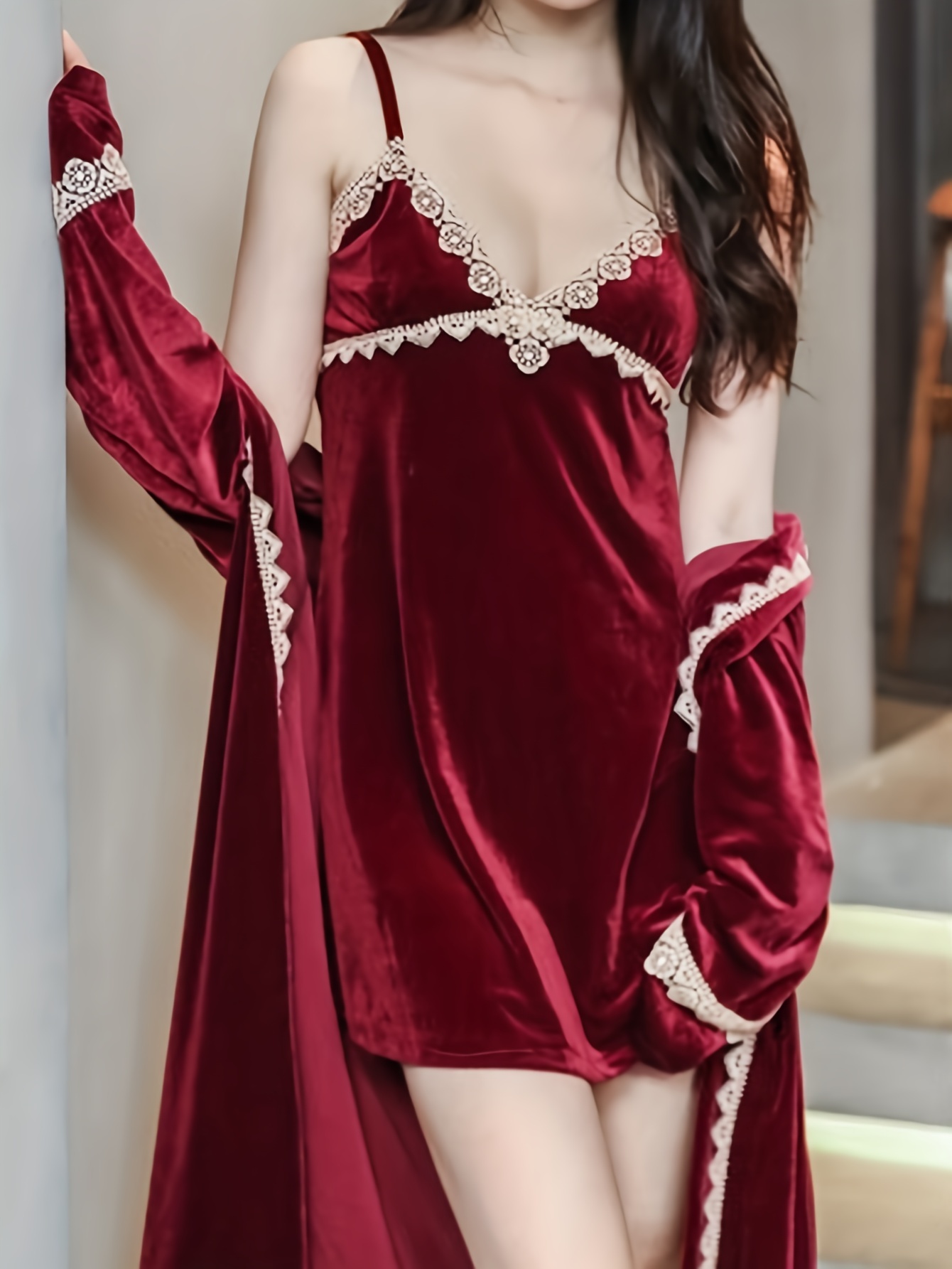 Velvet Sleepwear Pajama V-Neck Lace Night Suit with Belted Lounge Set