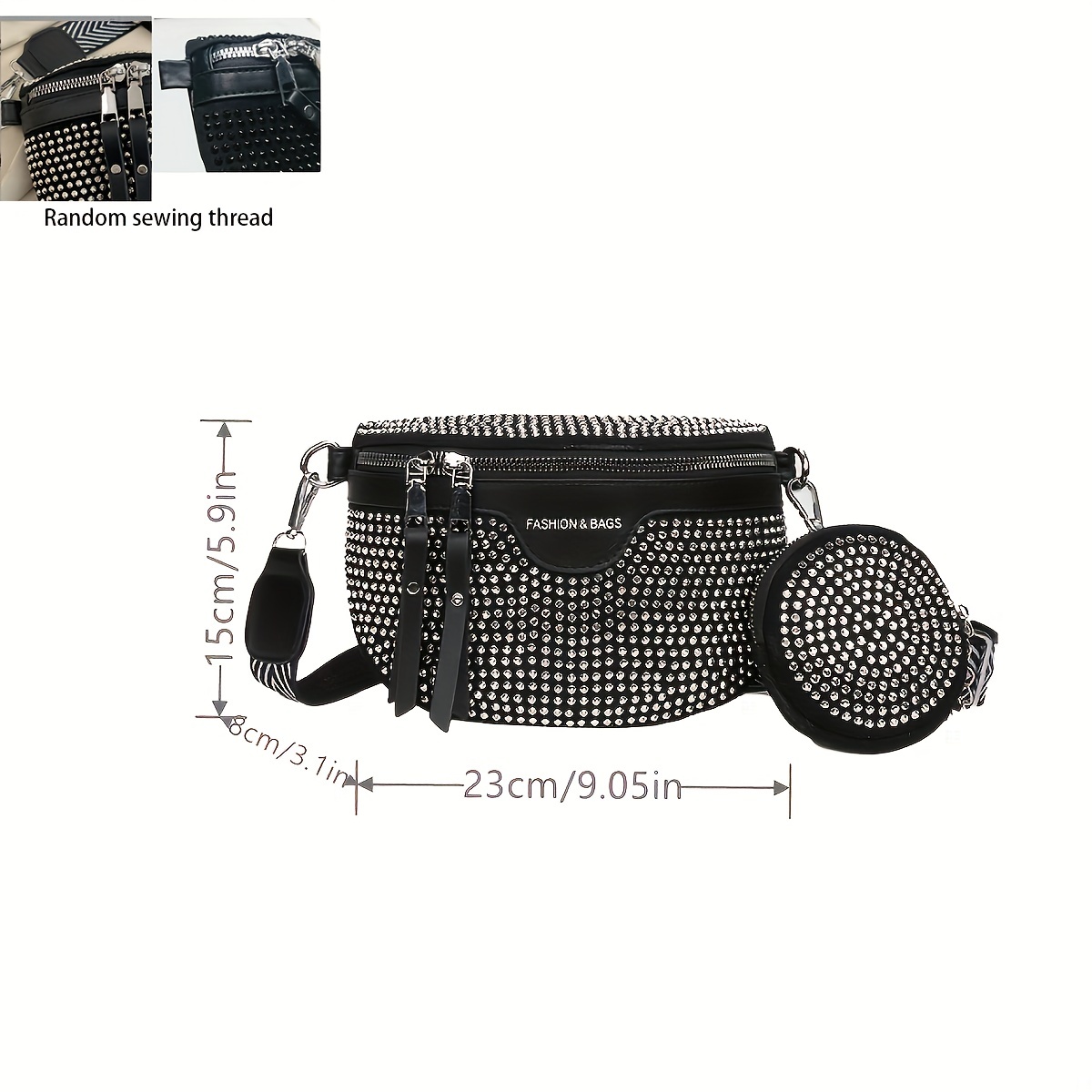 Rhinestone Fanny Pack, Double Zipper Shoulder Bag With Mini Purse For