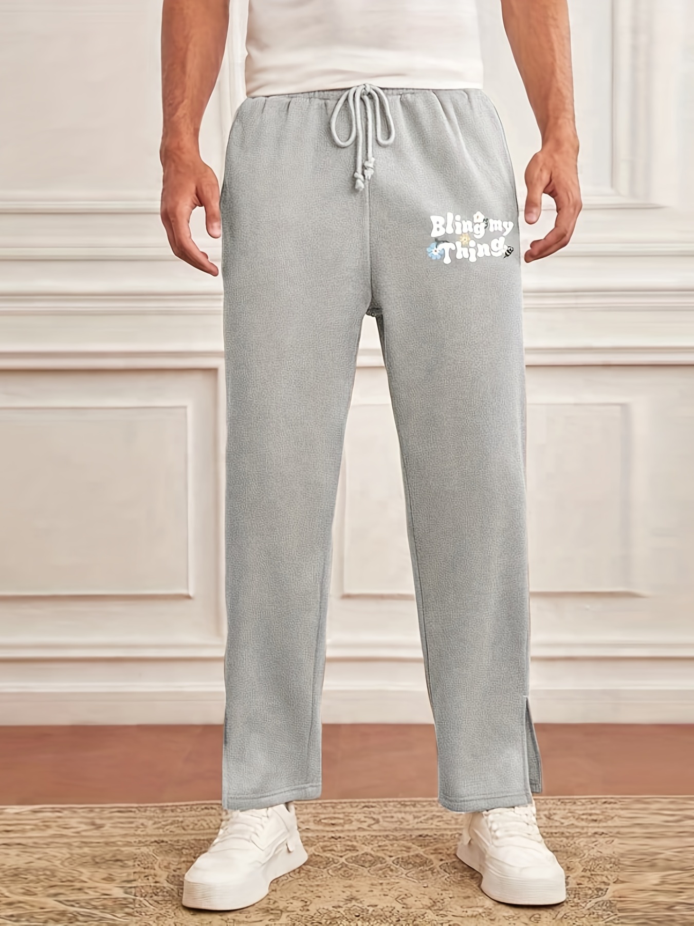 Plus Size Men's Drawstring Wide Leg Pants With Slit Legs, Casual Loose