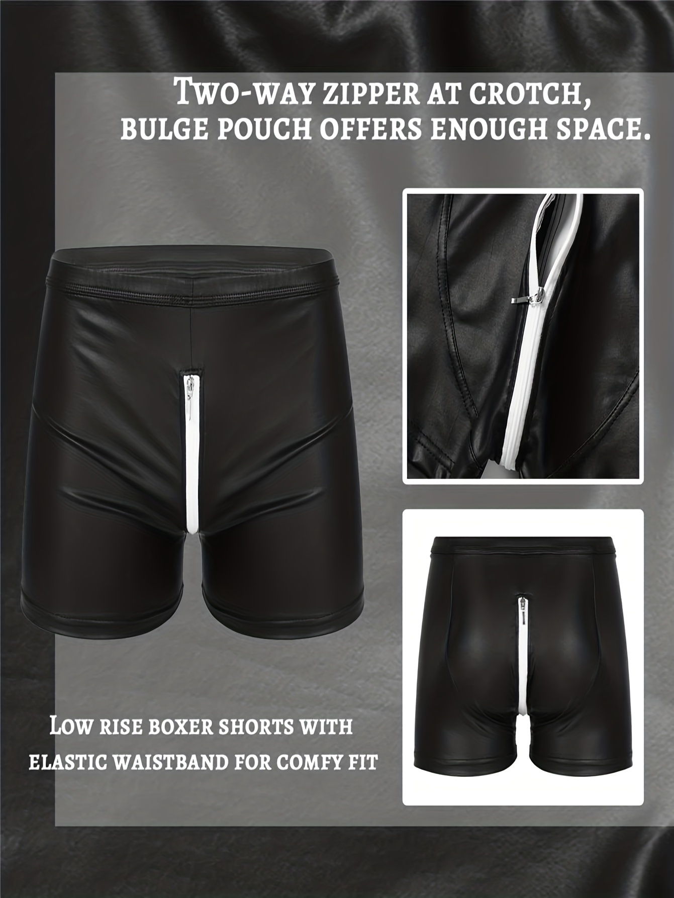 Men's Sexy Leather Boxer Briefs Shorts Low Waist Zipper - Temu Canada