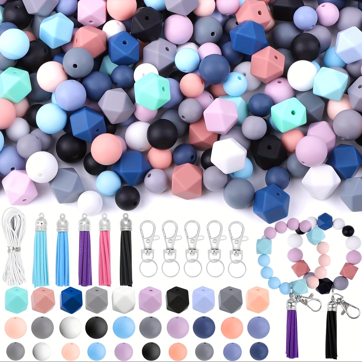BOZUAN 270 Silicone Beads for Keychain Making Kit, Multiple Styles and Shapes Silicone Beads Bulk Rubber Beads for Keychains Making
