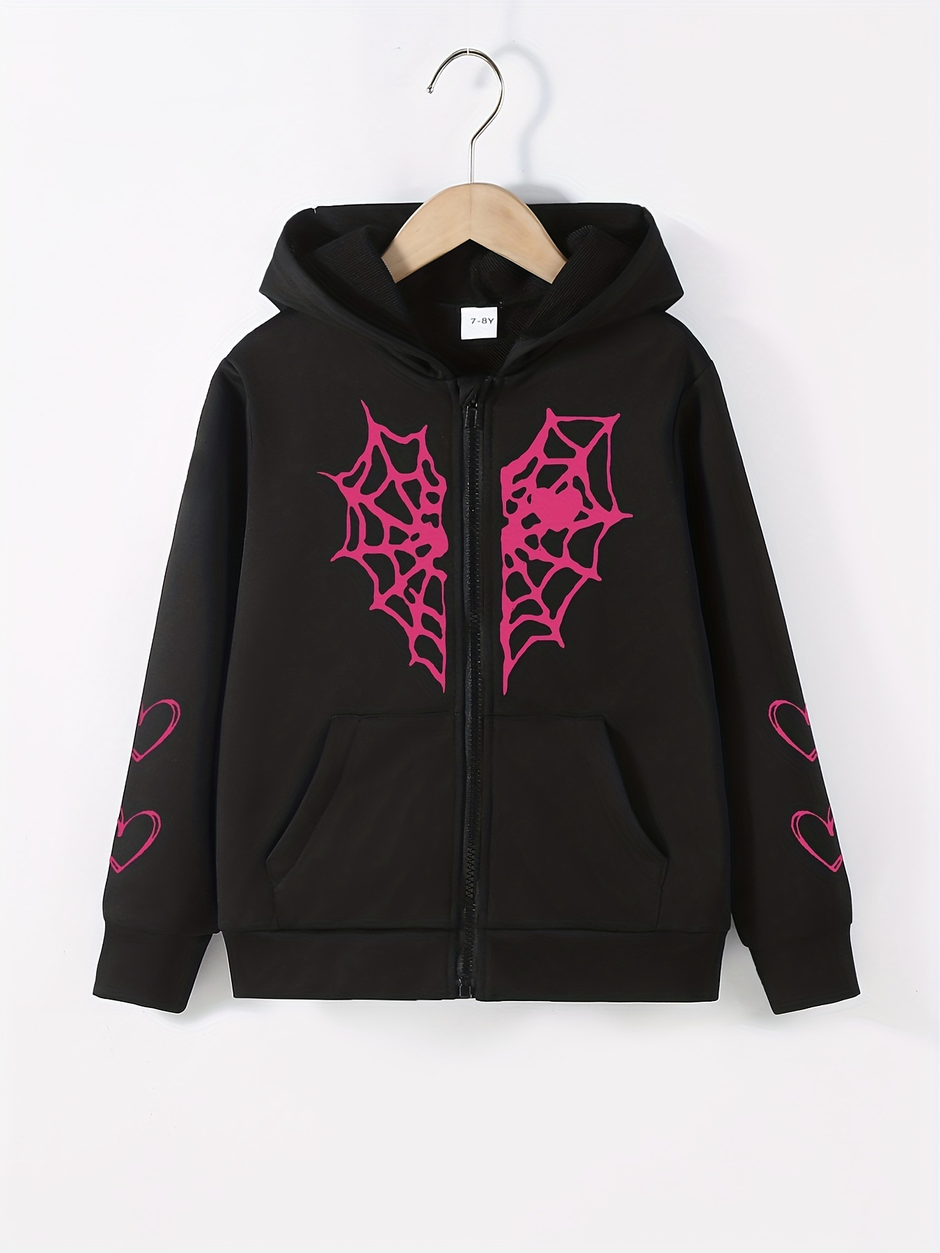 Teen Girls Spider Web Heart Print Long Sleeve Zip Hoodies Drop Shoulder  Hooded Sweatshirts
