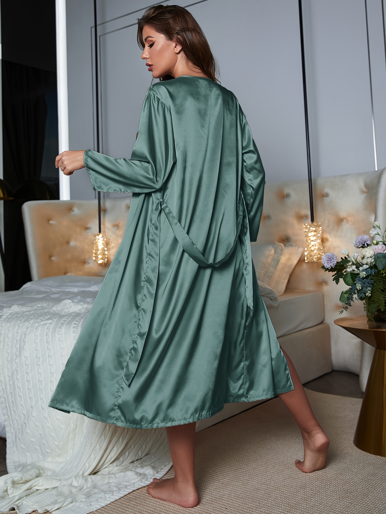 Custom Made Ruched Silk Night Gown With Chic Lace V Neck And Long Sleeves  Elegant Bride Satin Sleepwear Robe With Sash From Freesuit, $51.31