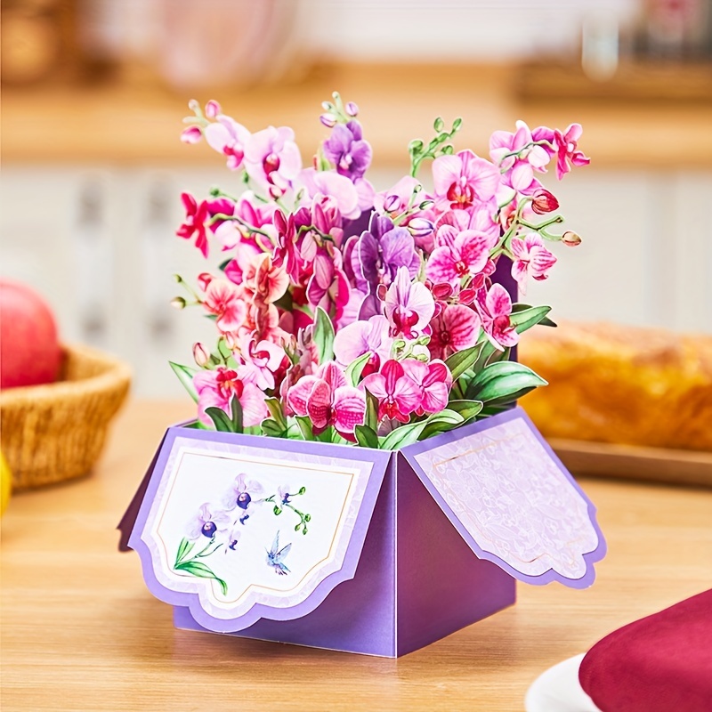 Purple Orchids Pop Up Box Card Christmas Birthday Father Mother