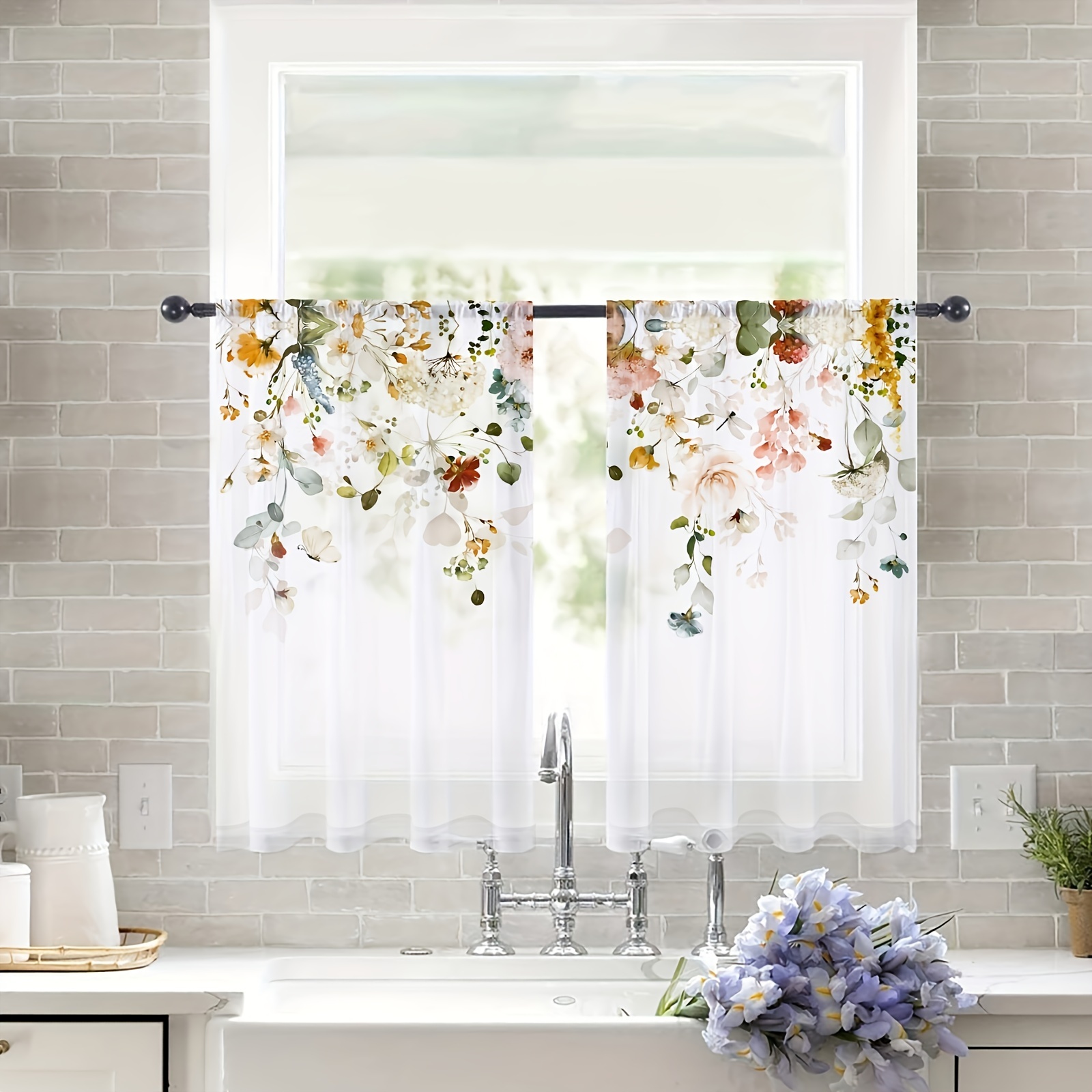 Cortina corta de cocina con flores pastrales de media ventana para cocina,  cortinas semitransparentes de privacidad, semi-sombreado para balcón