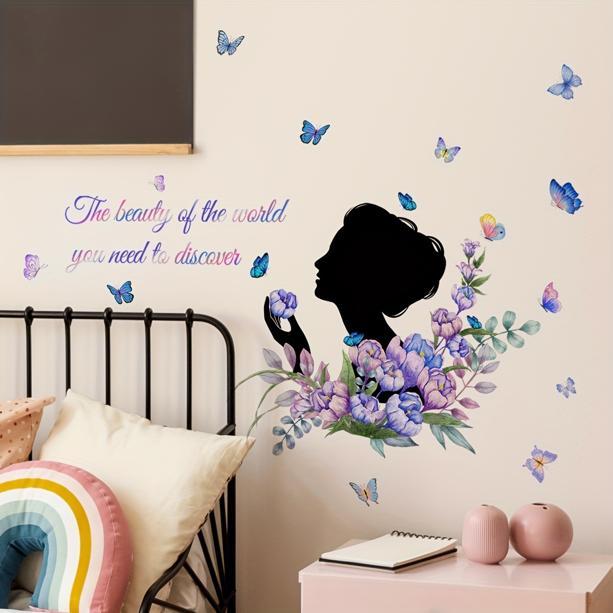 Butterfly Girl Wall Stickers Flower Fairy Wall Decal Pink Floral Wall Mural  Colorful Butterflies Wall Decor DIY Removable Vinyl Wall Art for Girls