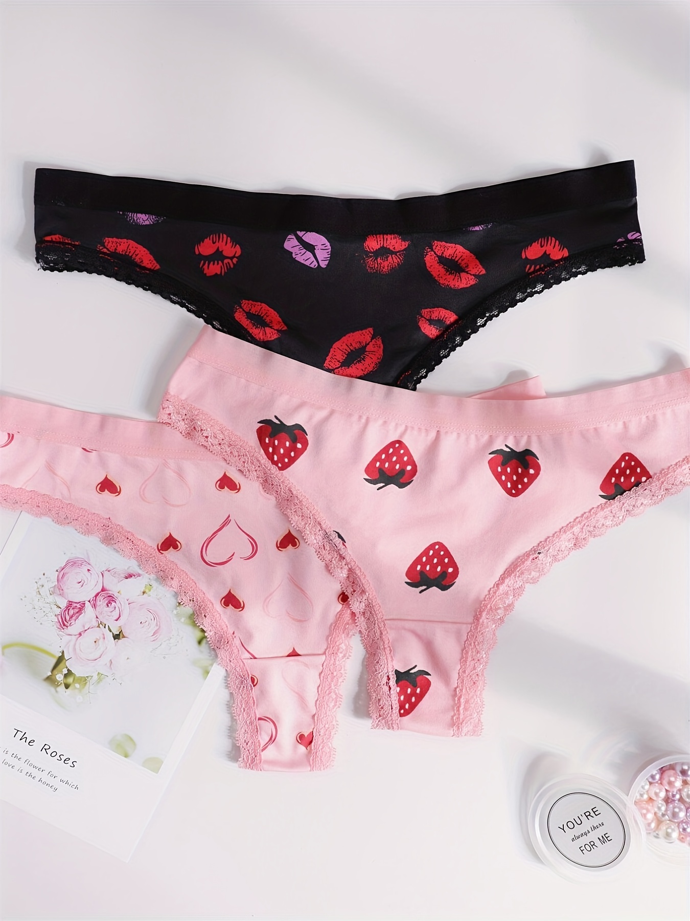 Women Sexy Cute Lace Trims Pink Red Love Pattern Thong Underwear