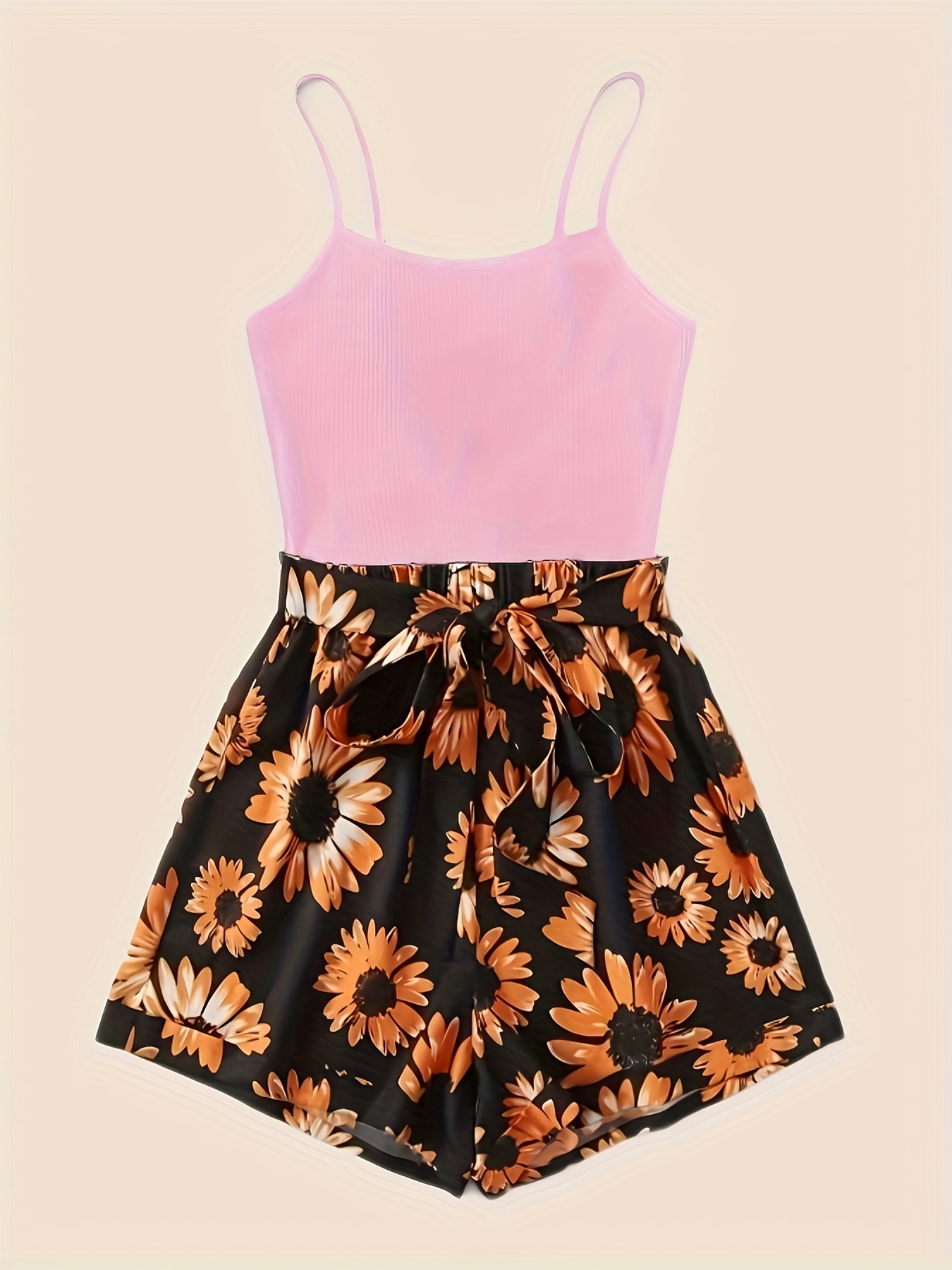 Spring & Summer 2pc Set Spaghetti Top & Floral Shorts Women's Clothing