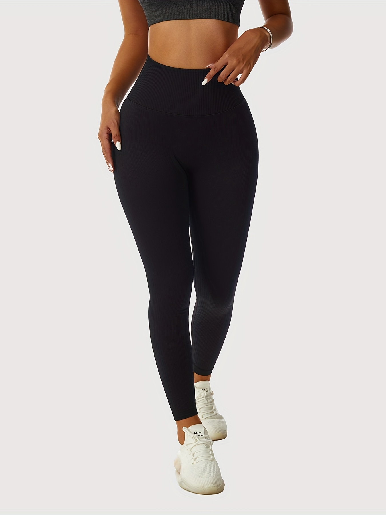 Solid High Waist Ribbed Yoga Pants Seamless Slim Fitted - Temu