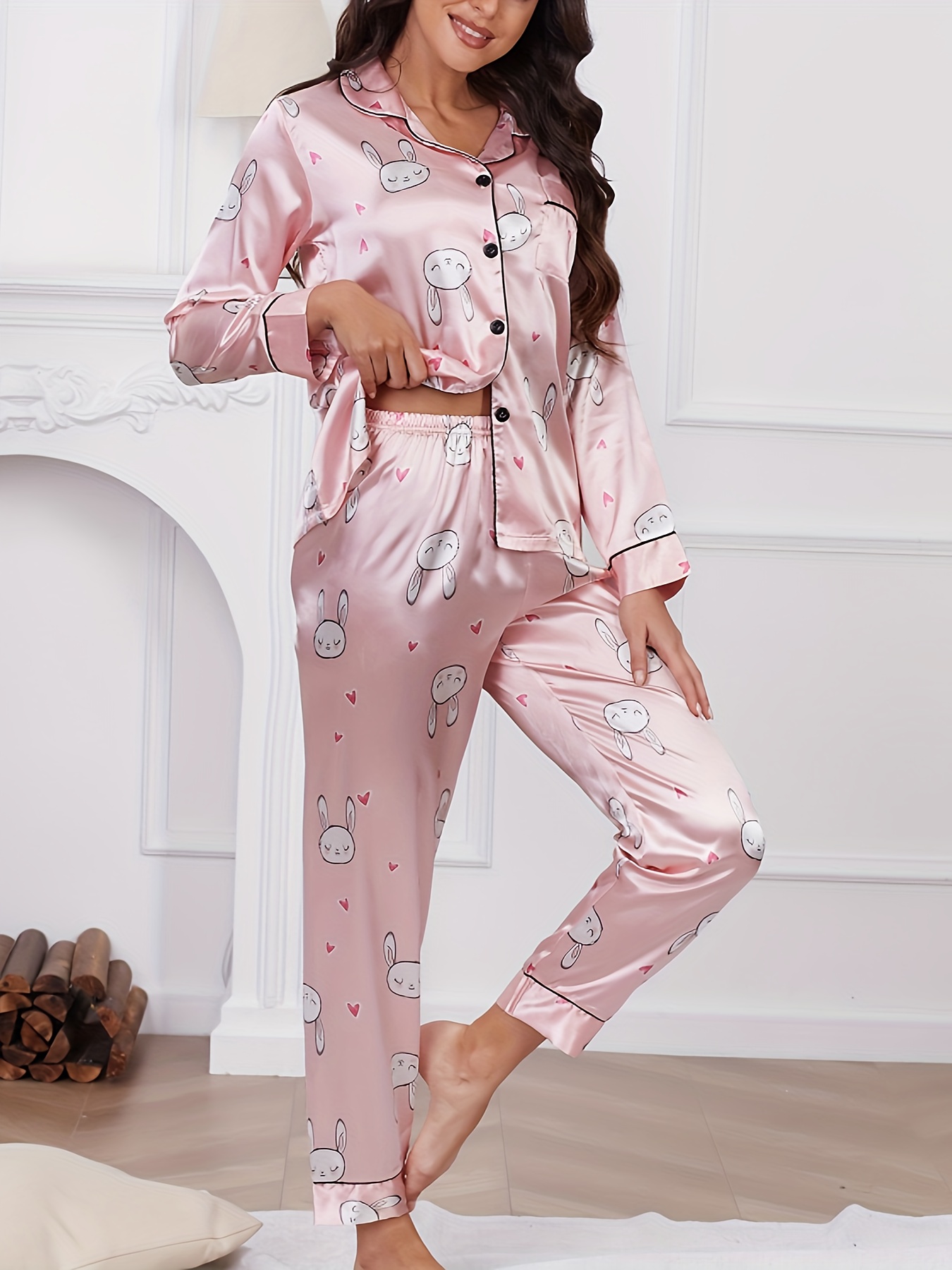 Cute Puppy Full Sleeves 2 Piece Buttoned Pyjama Set Night Suit - Pink