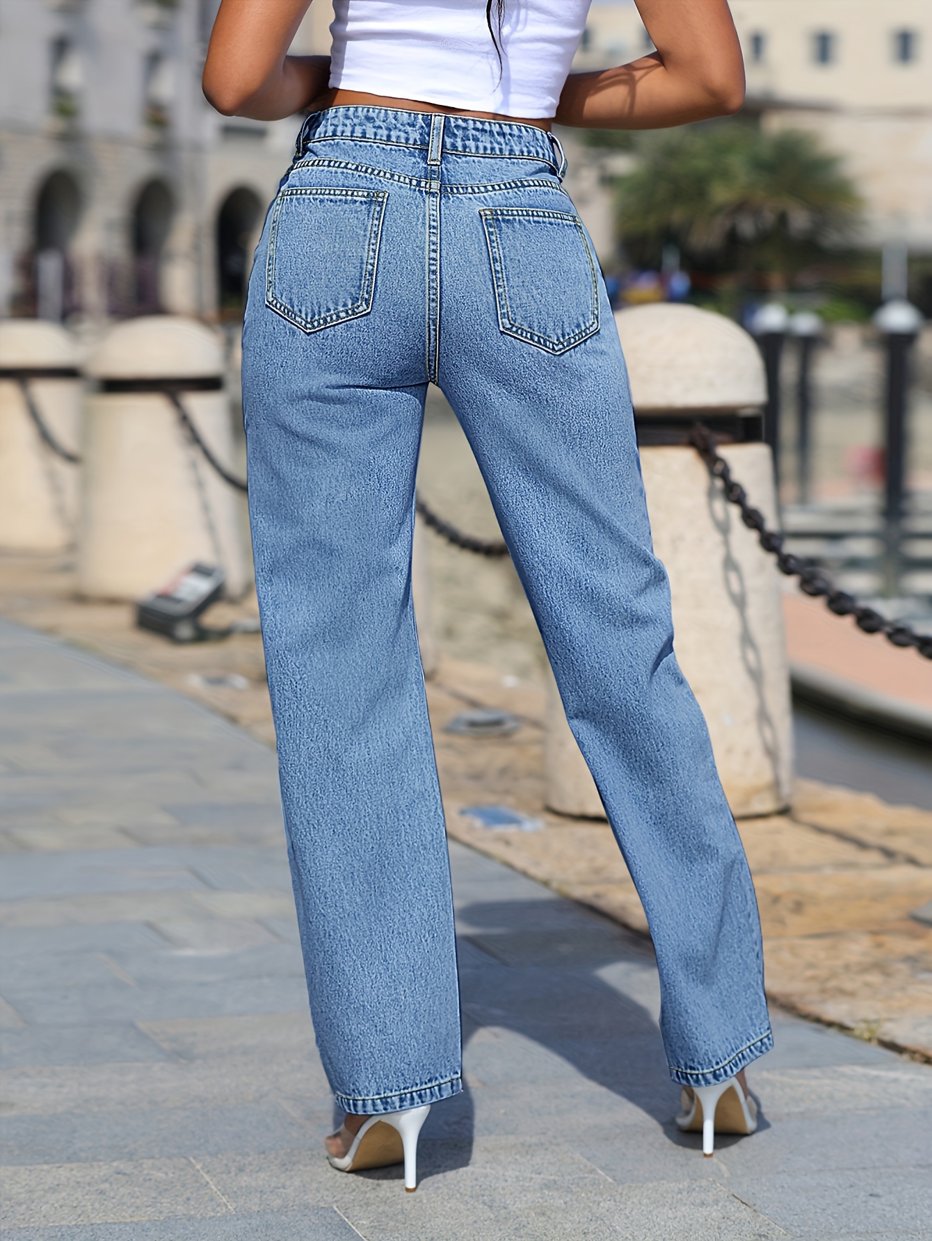 Plain Rivet Decor Temu - Jeans Fit Slant Loose Straight Pockets