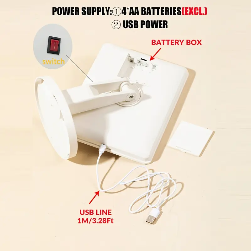 1st led verlichte make-up spiegel met touch dimmer voor schakelaar, 16 leds, draaibaar, werkt op batterij/usb - draagbaar, wit ontwerp voor slaapkamer & badkamer gebruik details 8