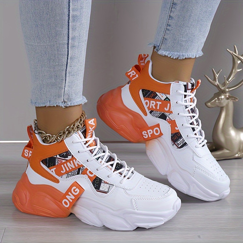 

Women's Colorblock Casual Sneakers, Lace Up Comfy Breathable High-top Trainers, Platform Basketball Shoes