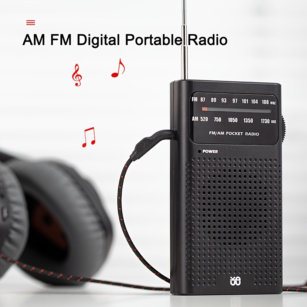 Radio personal AM FM portátil con excelente recepción, funciona con 2 pilas  AAA con auriculares estéreo, pantalla LCD grande, radio reloj despertador