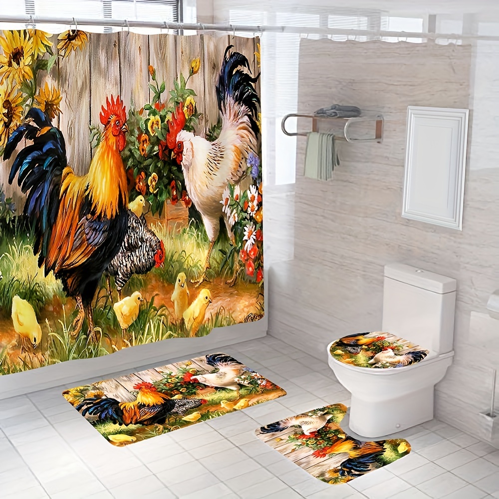 Rooster Idyllic Aesthetic Art Decoration Shower Curtain Set - Temu