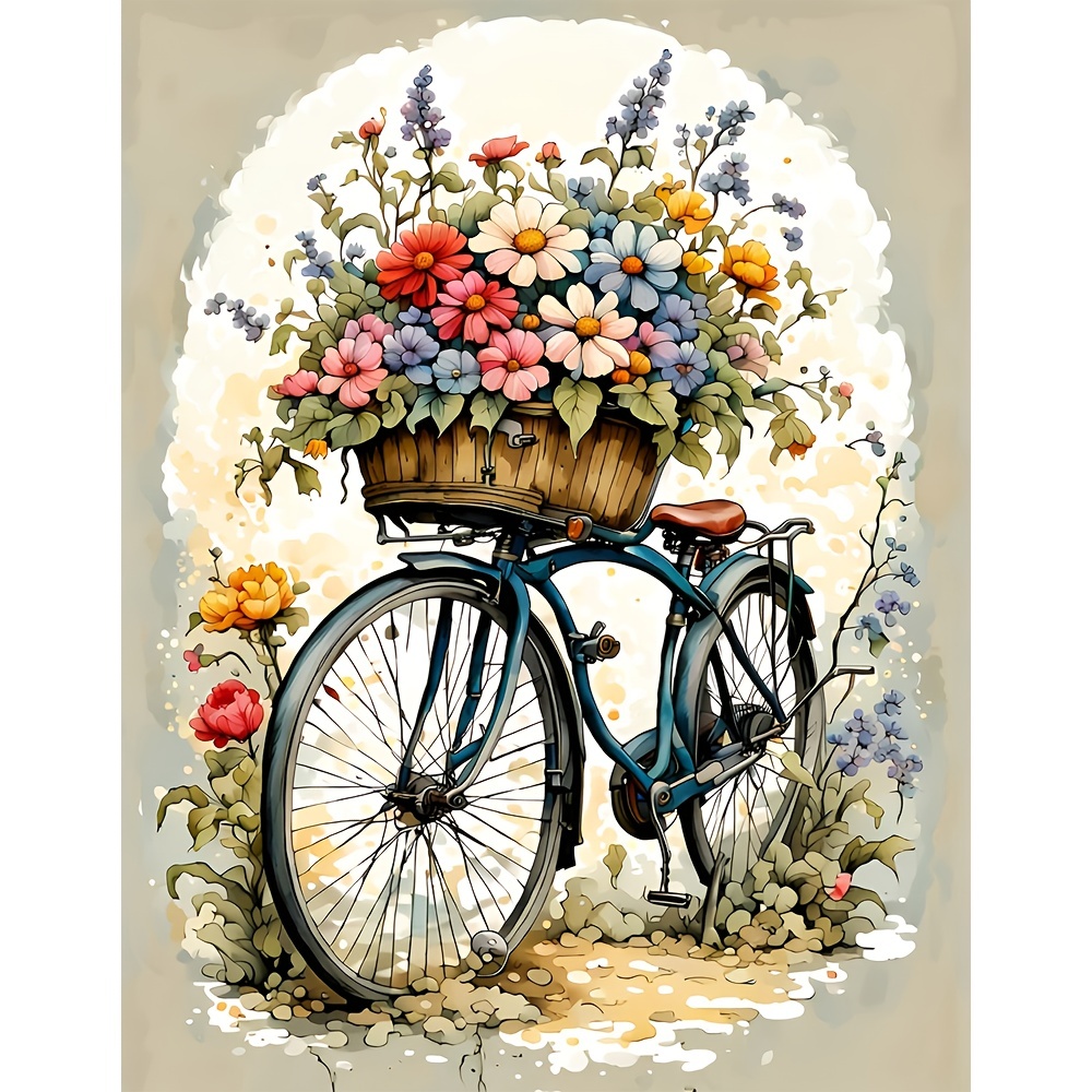

1pc, Large Size Round Diamond Painting Kit, 5d Diamond Art Kit Painting Kit For Beginners, Diy Diamond Painting Package Gemstone Art Home Wall Decoration Gift, Bicycle And Flowers 30*40cm/11.8*15.7in