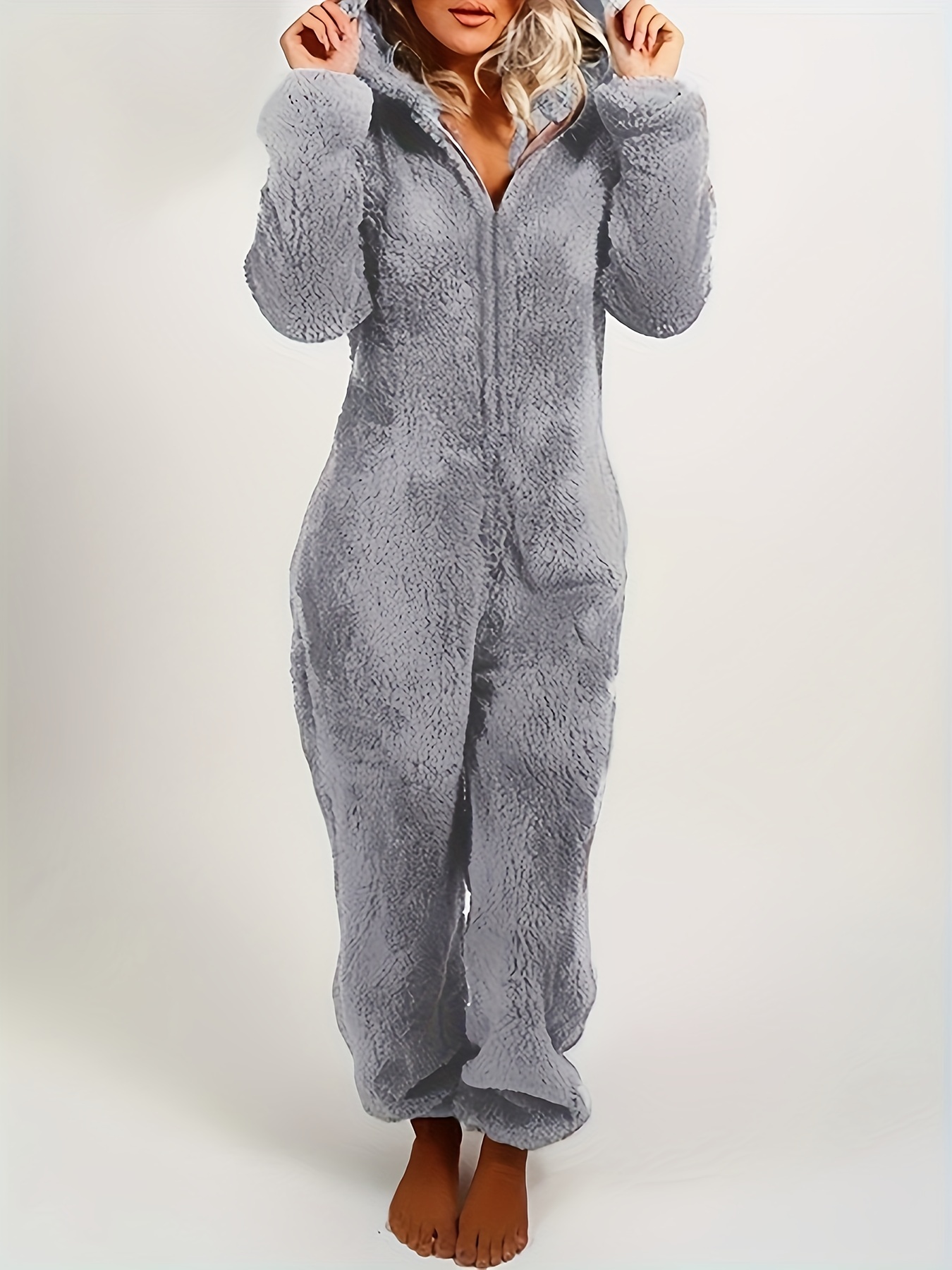 Solid Hooded Fuzzy Pajama Jumpsuit Music Festival Comfy Long