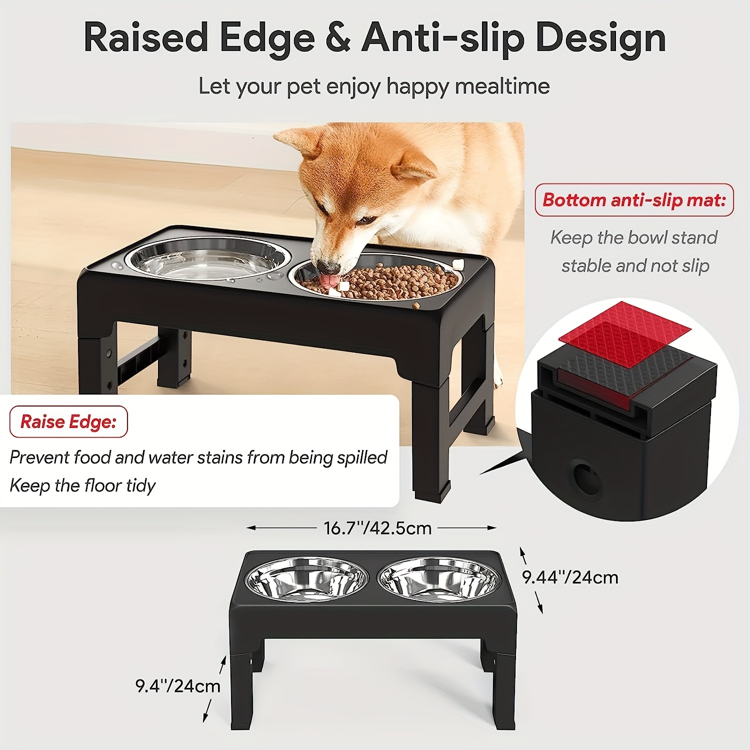 Pet Supplies : Messy Mutts Elevated Double Feeder with Stainless Bowls, Adjustable Height 3”, 5”, or 10”, Adjustable Standing Feeder for Dogs, 5  Cups per Bowl
