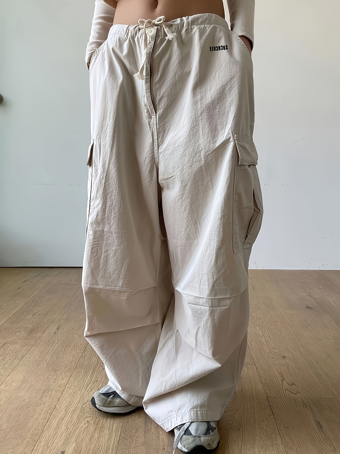 Street Style Cool Girl Multi-pocket Cargo Pants, Women's Low Waist  Drawstring Loose Sports Wide Hiking Pants, Women's Athleisure