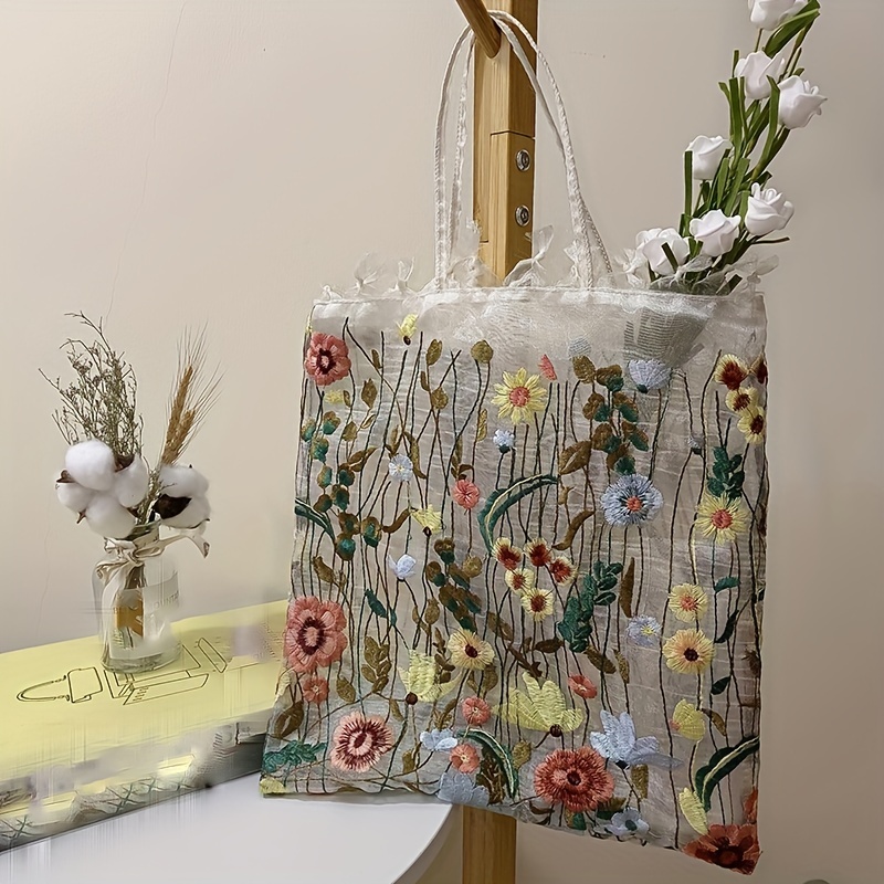 Floral Embroidery Fabric Tote Bag Aesthetic Plaid - Temu
