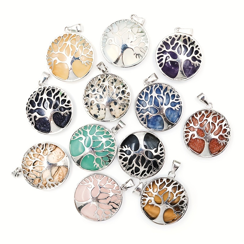 

Fashion Tree Of Life Gemstone Pendants - Assorted Natural Stones, Set Of 6 Pieces, Jewelry Making Charms For Necklace Crafting