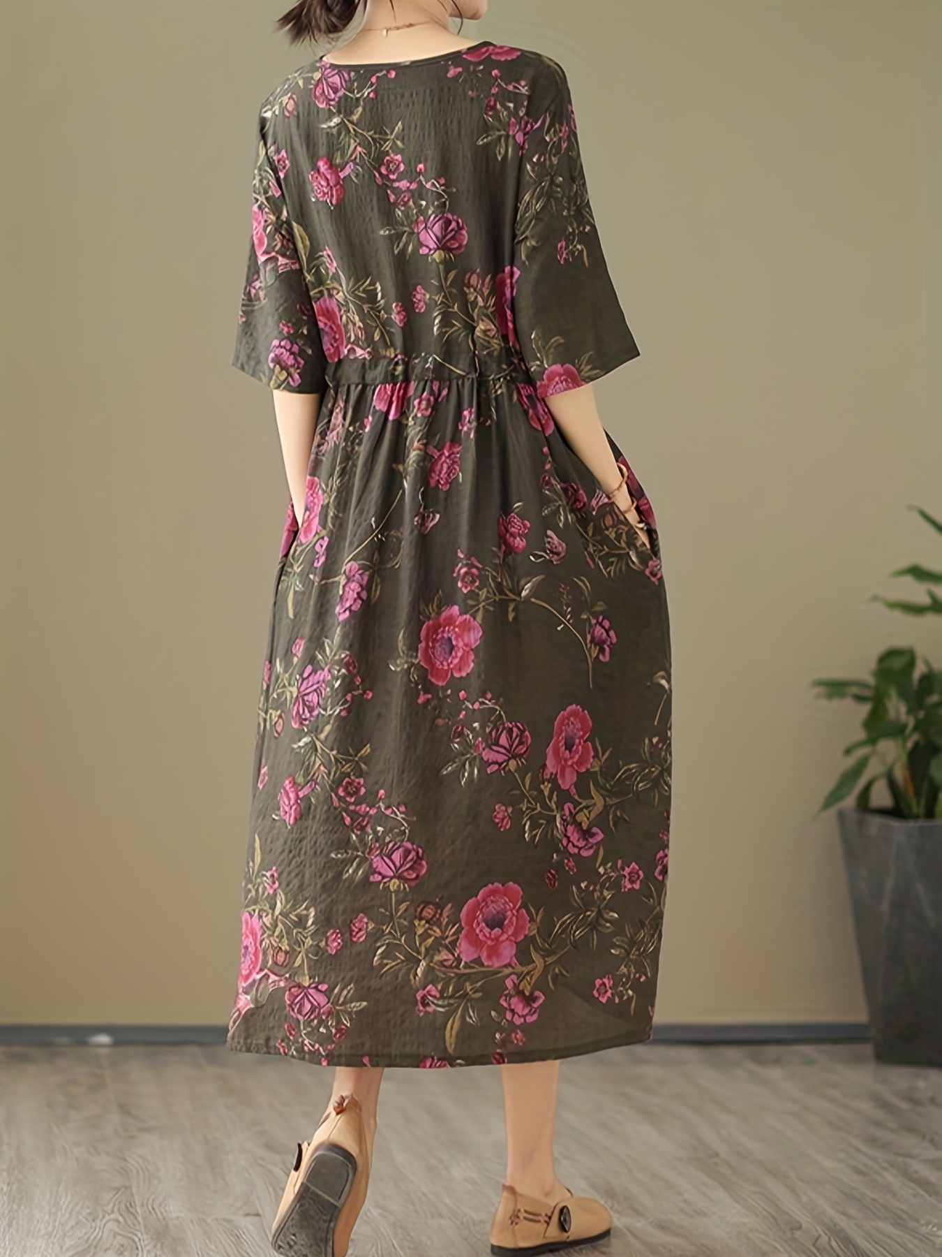 floral print v neck dress vintage half sleeve ruched maxi dress womens clothing
