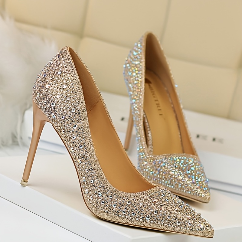 Glitter Rhinestone Wedding Shoes Pointed Toe Stiletto Heeled Pumps