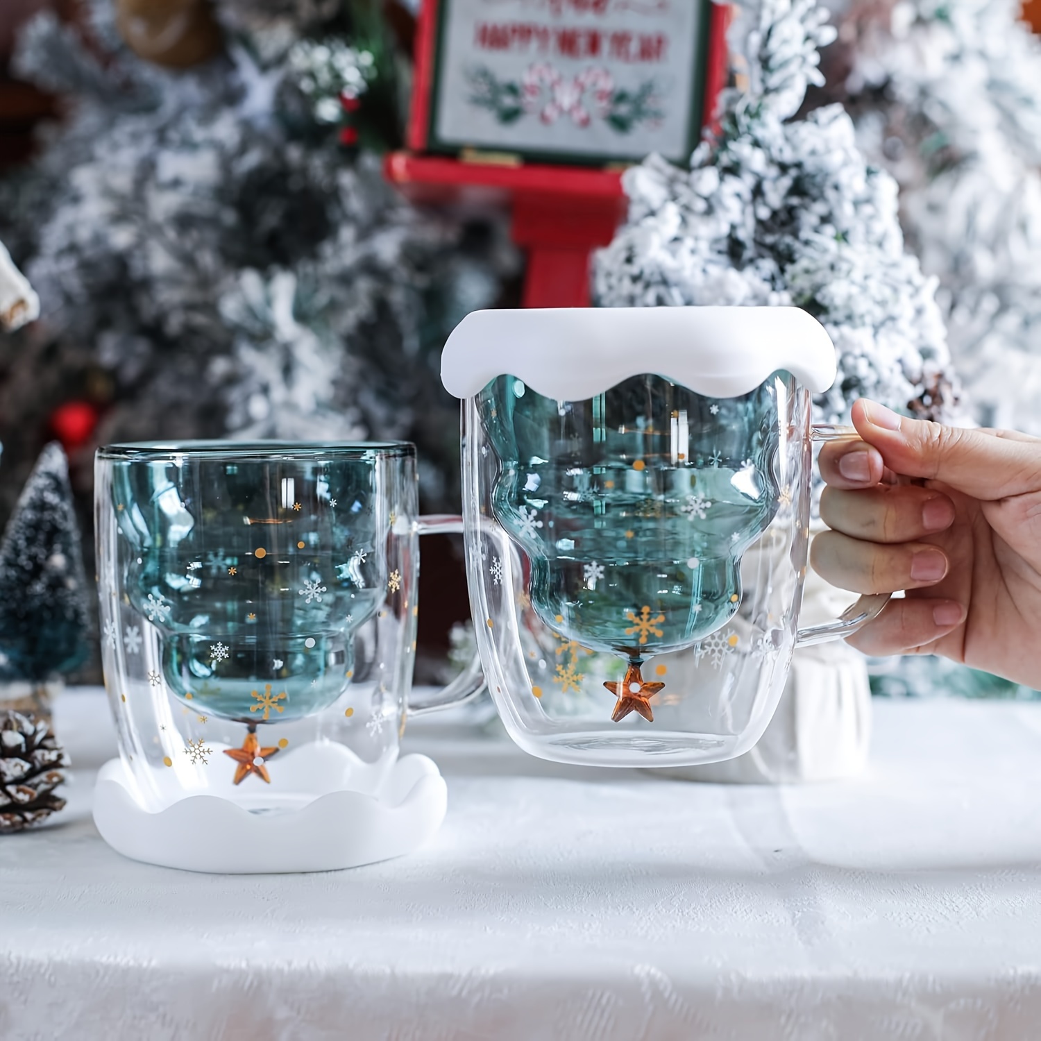 300ml Creative Christmas Tree Glass Cup Heat-Resistant Double Wall Glass  Cup Coffee Mug with Lid Cute Christmas Gifts for Girls