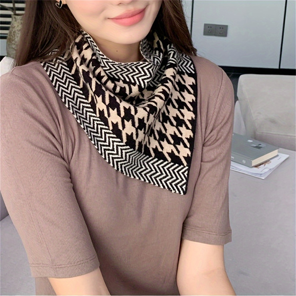 Houndstooth Herringbone Knit Triangle Scarf Stylish Soft - Temu