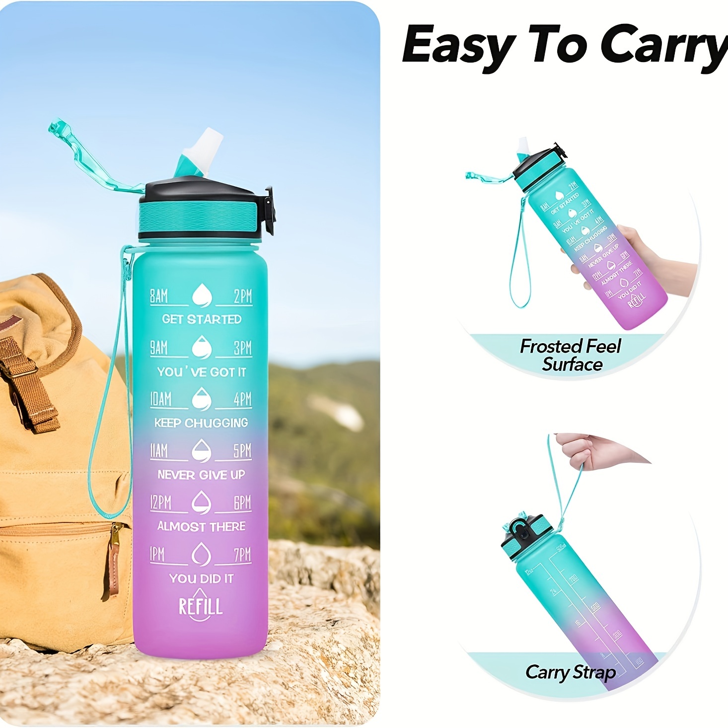 32 oz Motivational Fitness Plastic Water Bottle with Straw & Time Maker,  BPA-free for Girls, Boy, Cycling, School & Office 