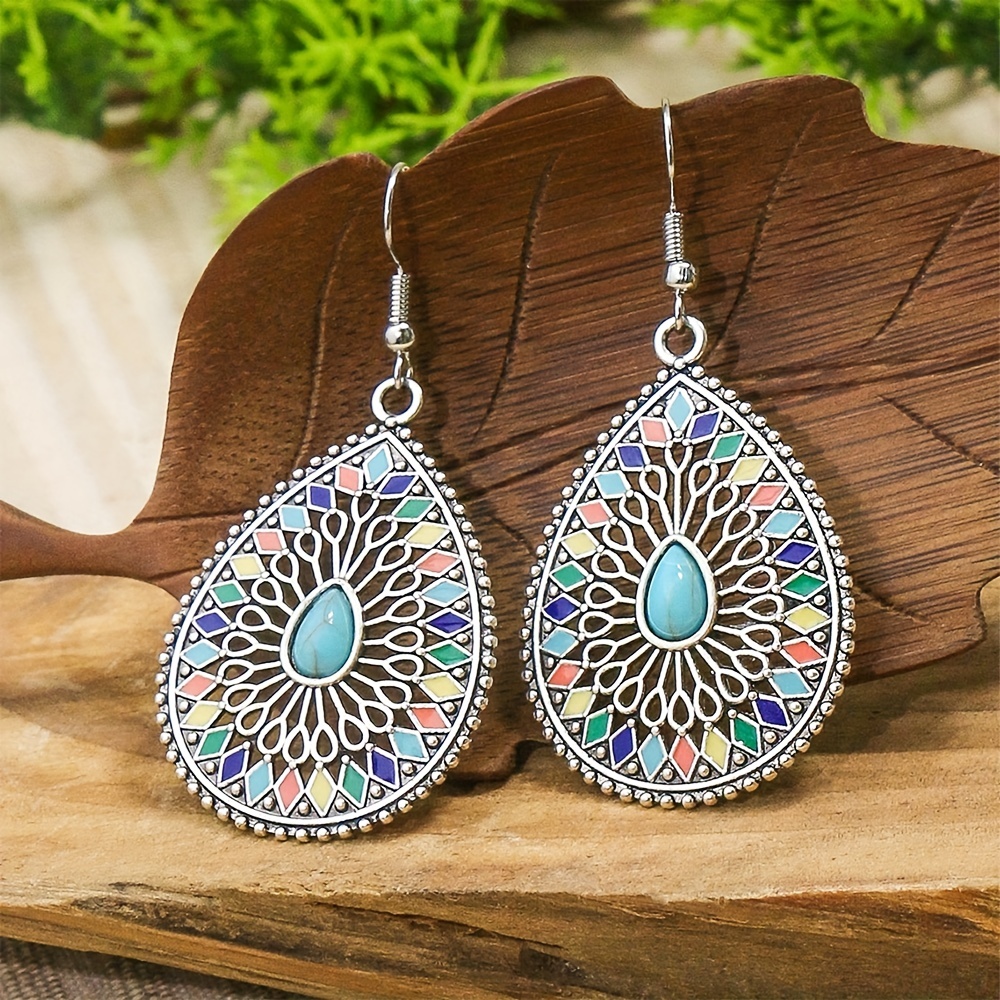 

Water Drop Shape With Turquoise Decor Hollow Dangle Earrings Bohemian Style Zinc Alloy Jewelry Exquisite Gift For Women Girls