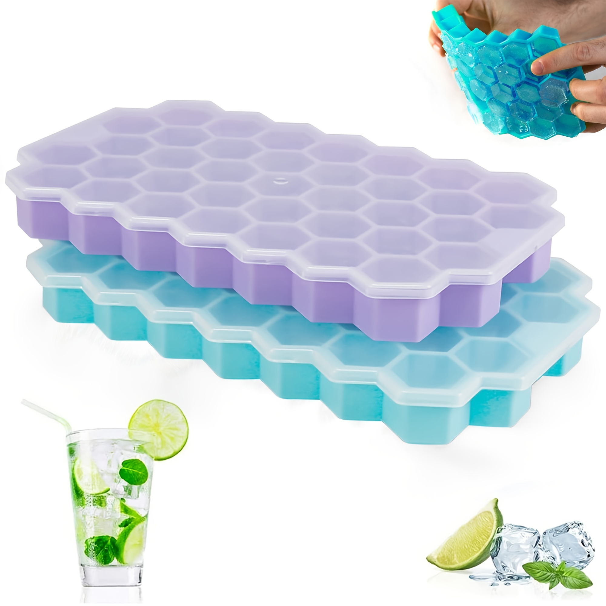 TECHSHARE Ice Cube Tray, Stackable Ice Trays for Freezer with Lid and Bin, Easy Release 64 Nuggets Ice for Chilling Cocktails Whiskey Tea Coffee Cool Drinks