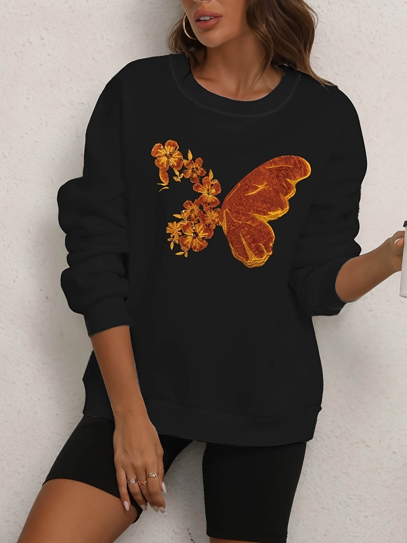 Crew Neck Flowers Print Sweatshirt, Casual Sports Running Long Sleeve Tops,  Women's Clothing - Temu Philippines