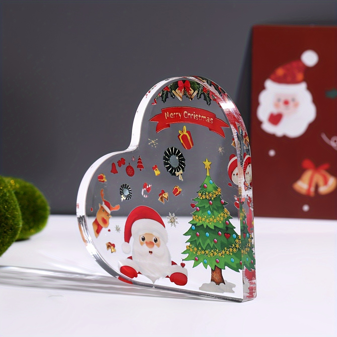 1pc, Unique Christmas Gifts & Christmas Decorations For Indoor Home Decor,  Heart Shaped Acrylic Printed With Merry Christmas Patterns For Christmas Ta