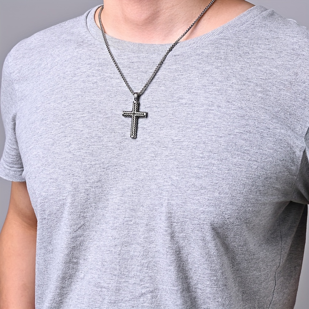 1pc stripe cross cool pendant necklace mens trendy stainless steel necklace fashion accessories details 4