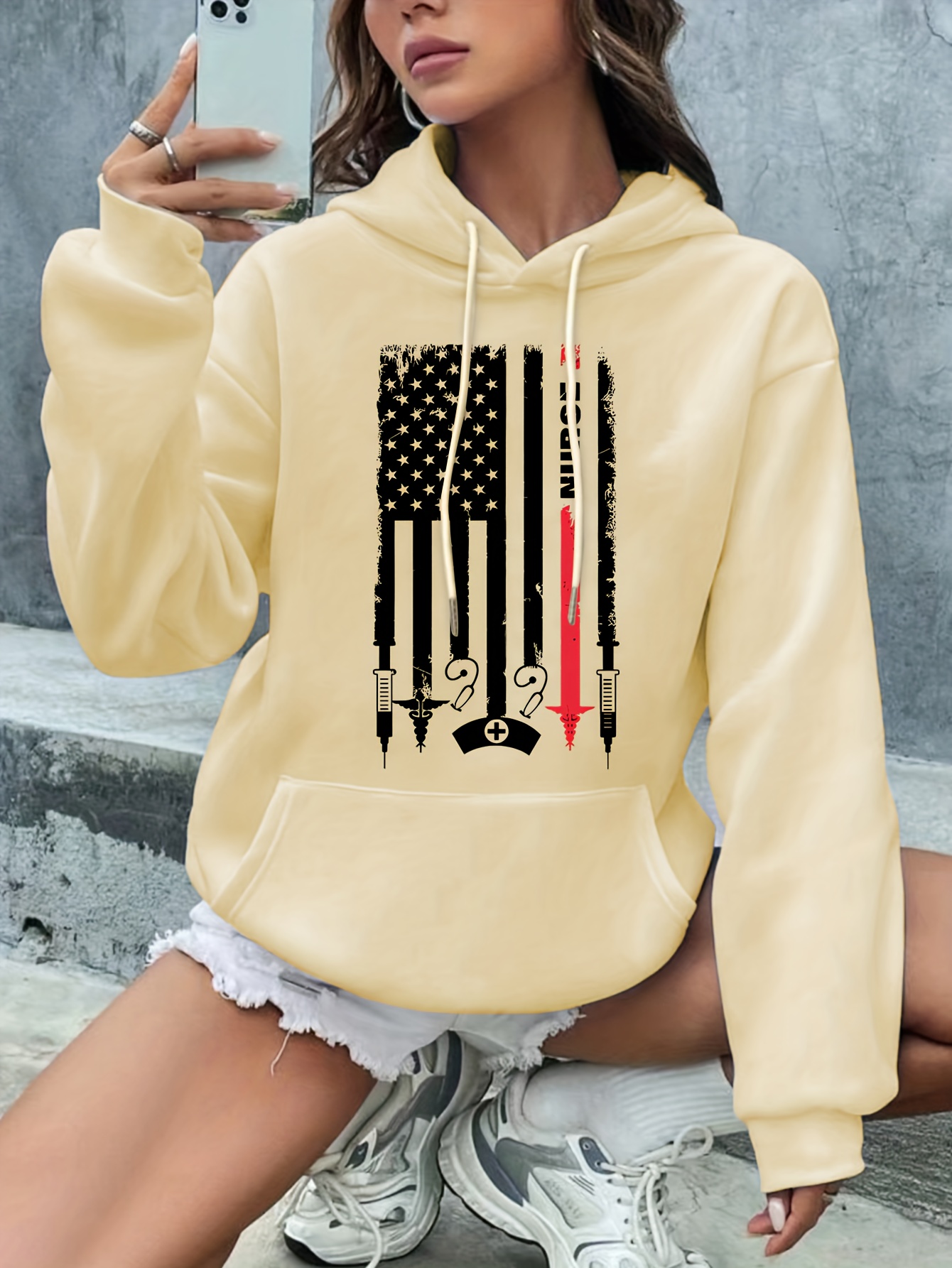 American Flag Graphic Fleece Lined Casual Sports Hoodie, Long Sleeve  Drawstring Pullover Pocket Front Hooded Sweatshirt, Women's Sporty  Sweatshirts - Temu United Arab Emirates