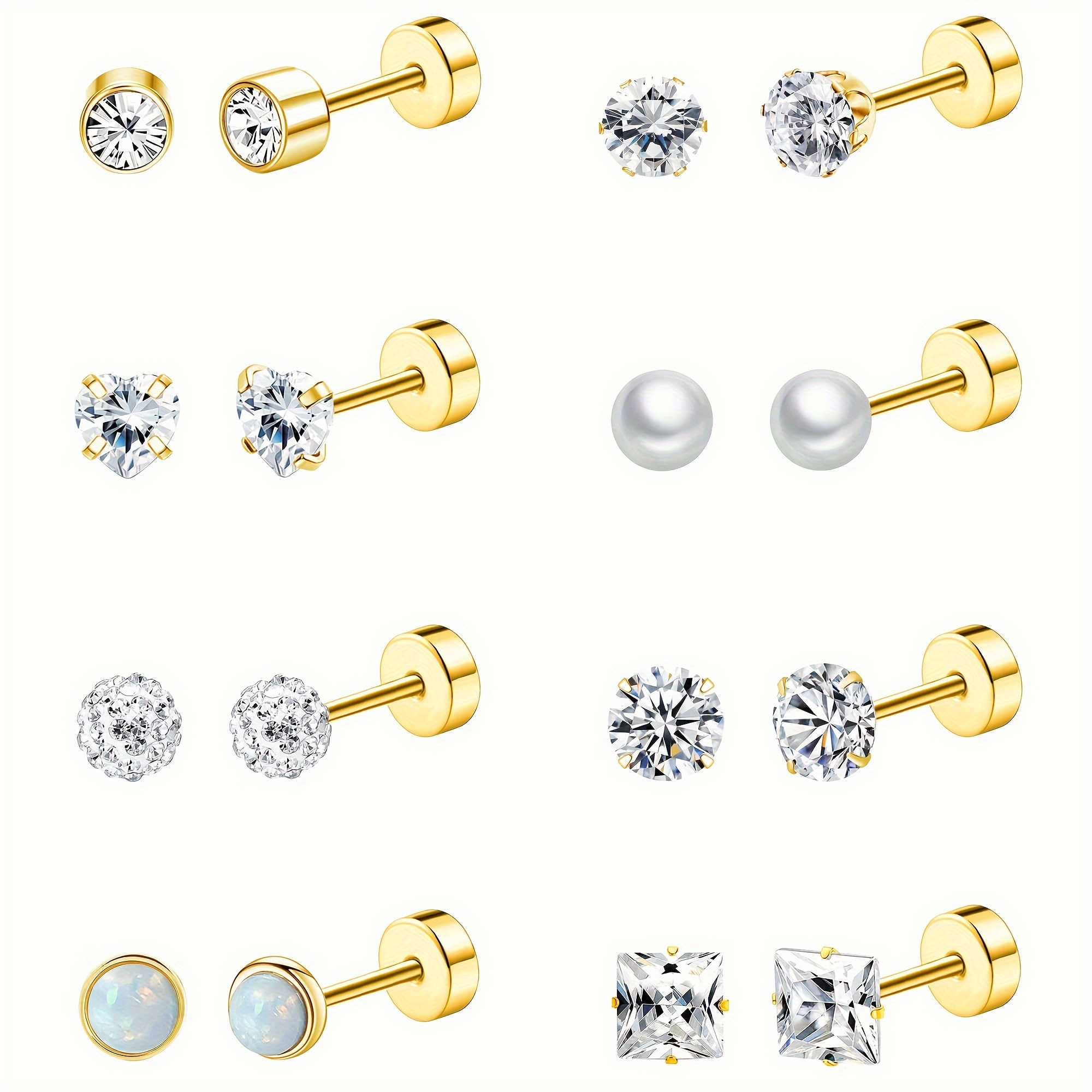TEMU 16 pièces Boucles d'oreilles à clous à base ronde plate, en acier inoxydable avec synthétique de cœur pour femmes