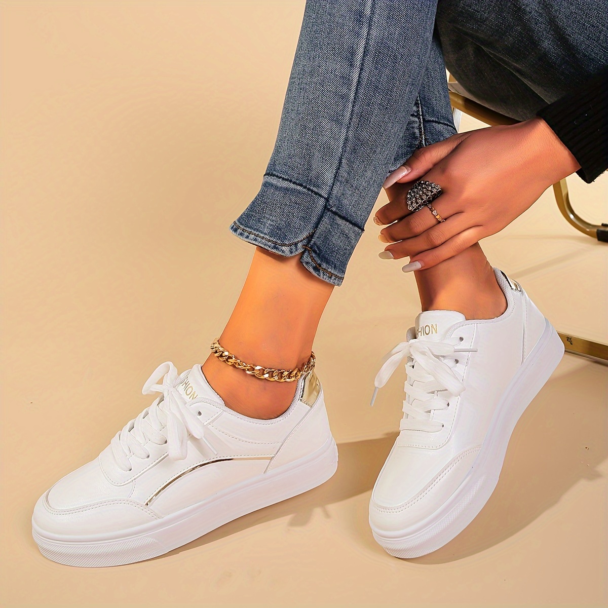 Ladies Casual Sneakers Thick Sole Lace White Shoes Skate - Temu