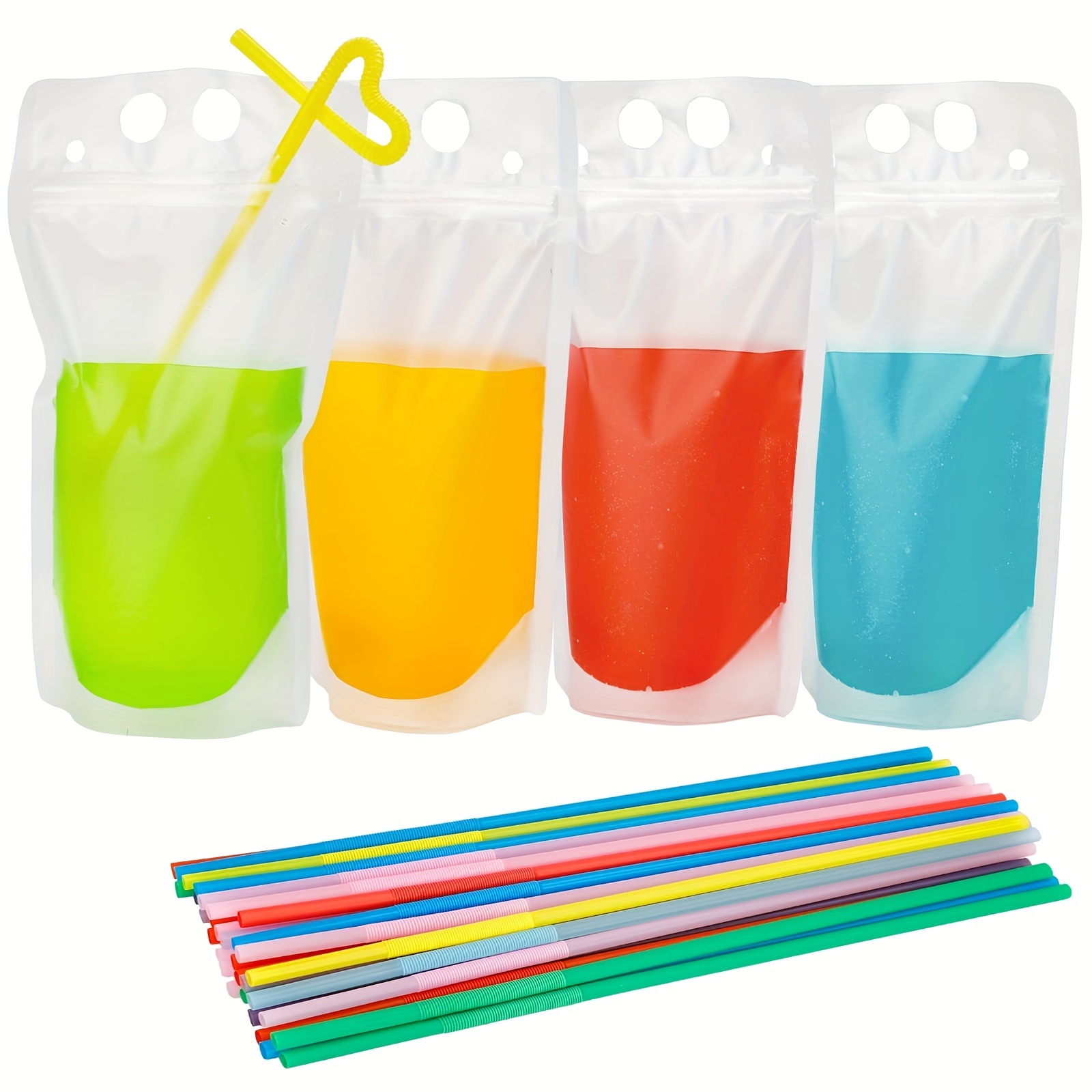 200 PC 16OZ DRINK POUCHES WITH STRAW & FUNNEL SET REUSABLE JUICE BAGS  HEAT-PROOF