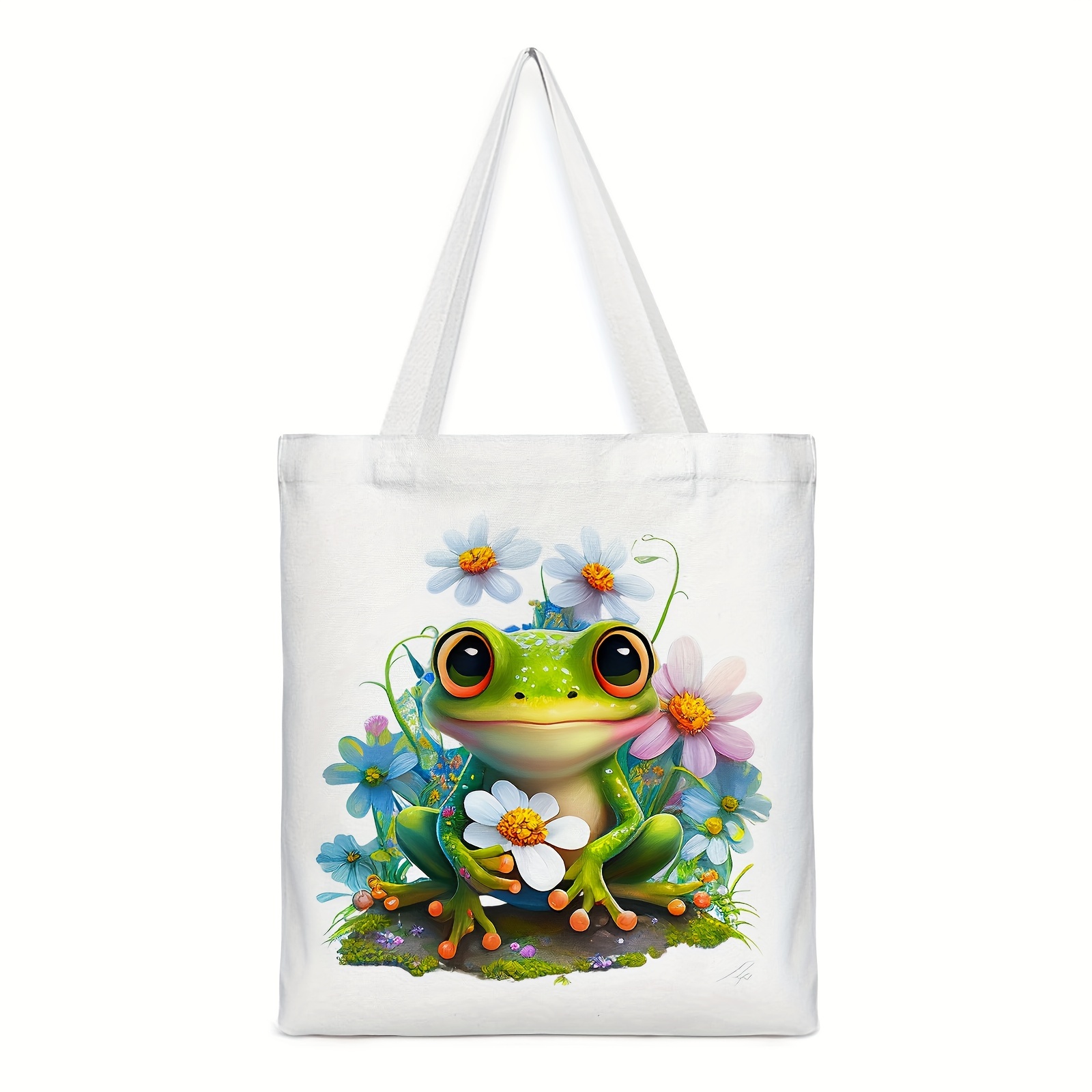 Frog Pattern Canvas Tote Bag, Women's Portable Anime Shoulder Bag