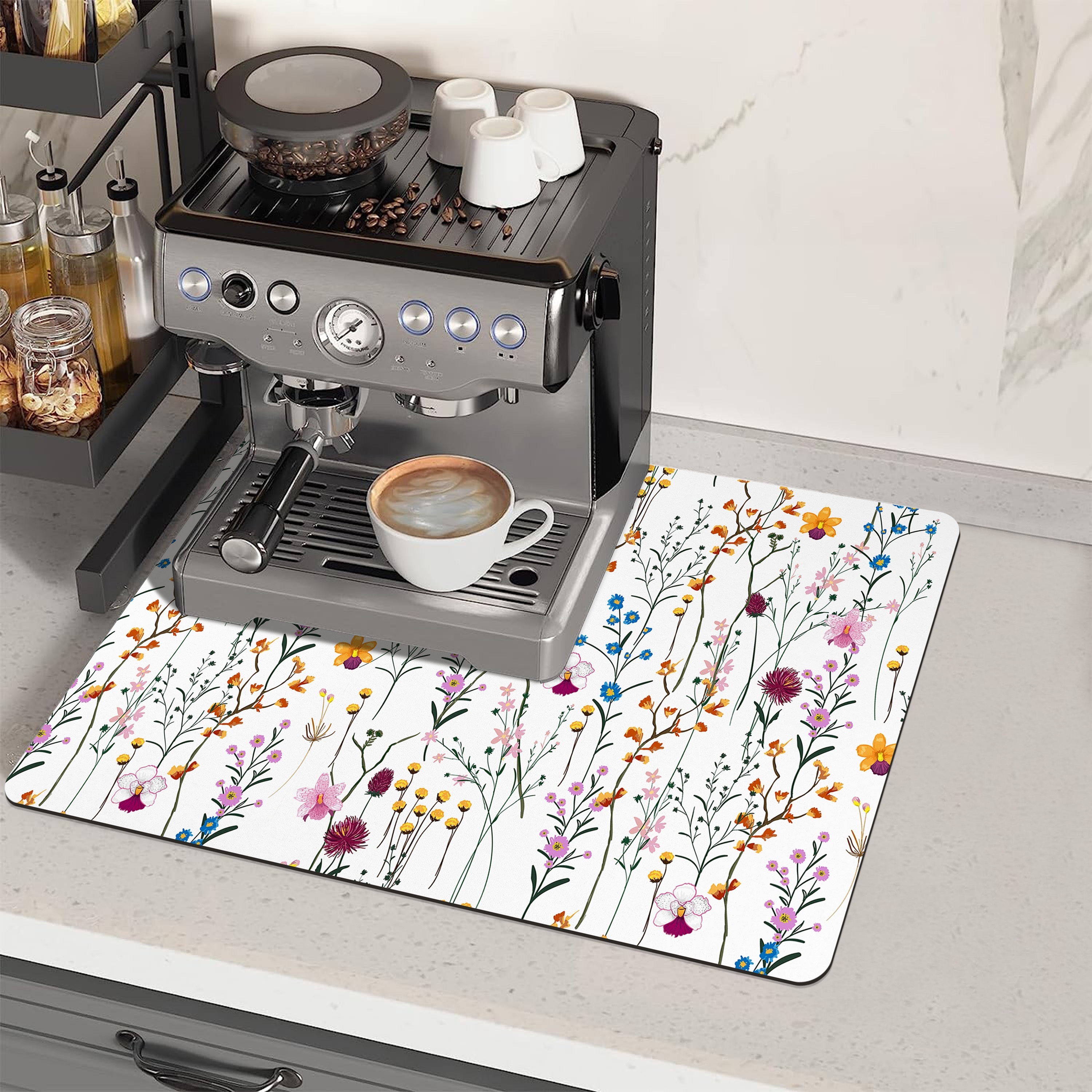 Dish Drying Mat, Multi-color Flower And Grass Printed Mat Or Kitchen Use,  With Drainage Function, Suitable For Drying Dishes And Placing Next To  Coffee Machines, Durable And Anti- Dirt, Kitchen Supplies 