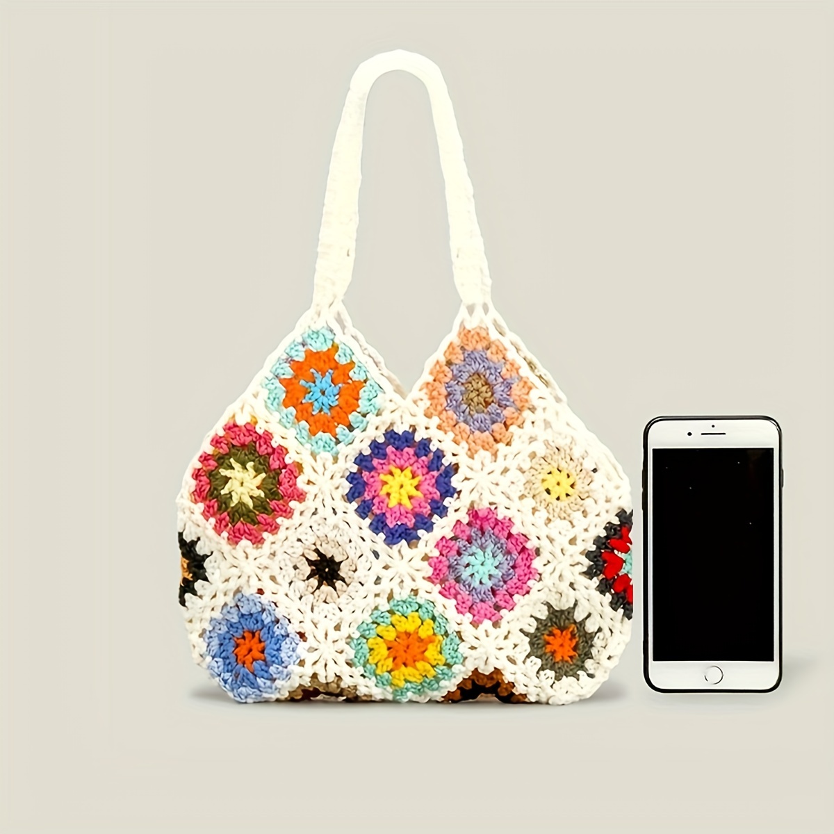 Floral Knitted Crochet Handbag, Slouchy Style Cute Shoulder Bag, Soft Stylish Portable Woven Bag