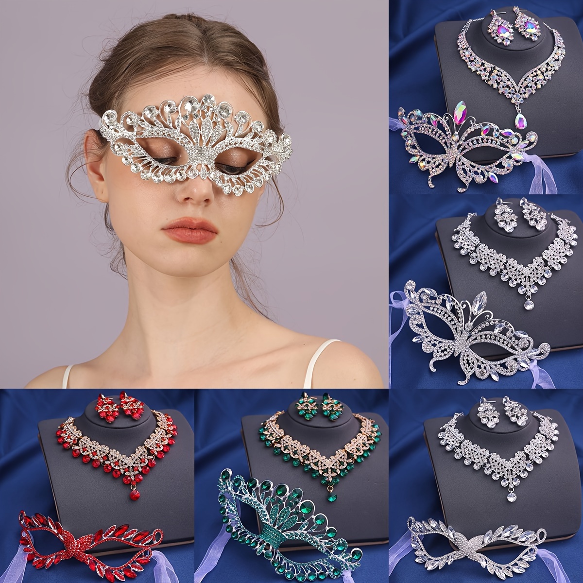 

Rhinestone Masquerade Eye Mask Necklace Earrings Crown Jewelry Set Dancing Ball Halloween Party Accessories