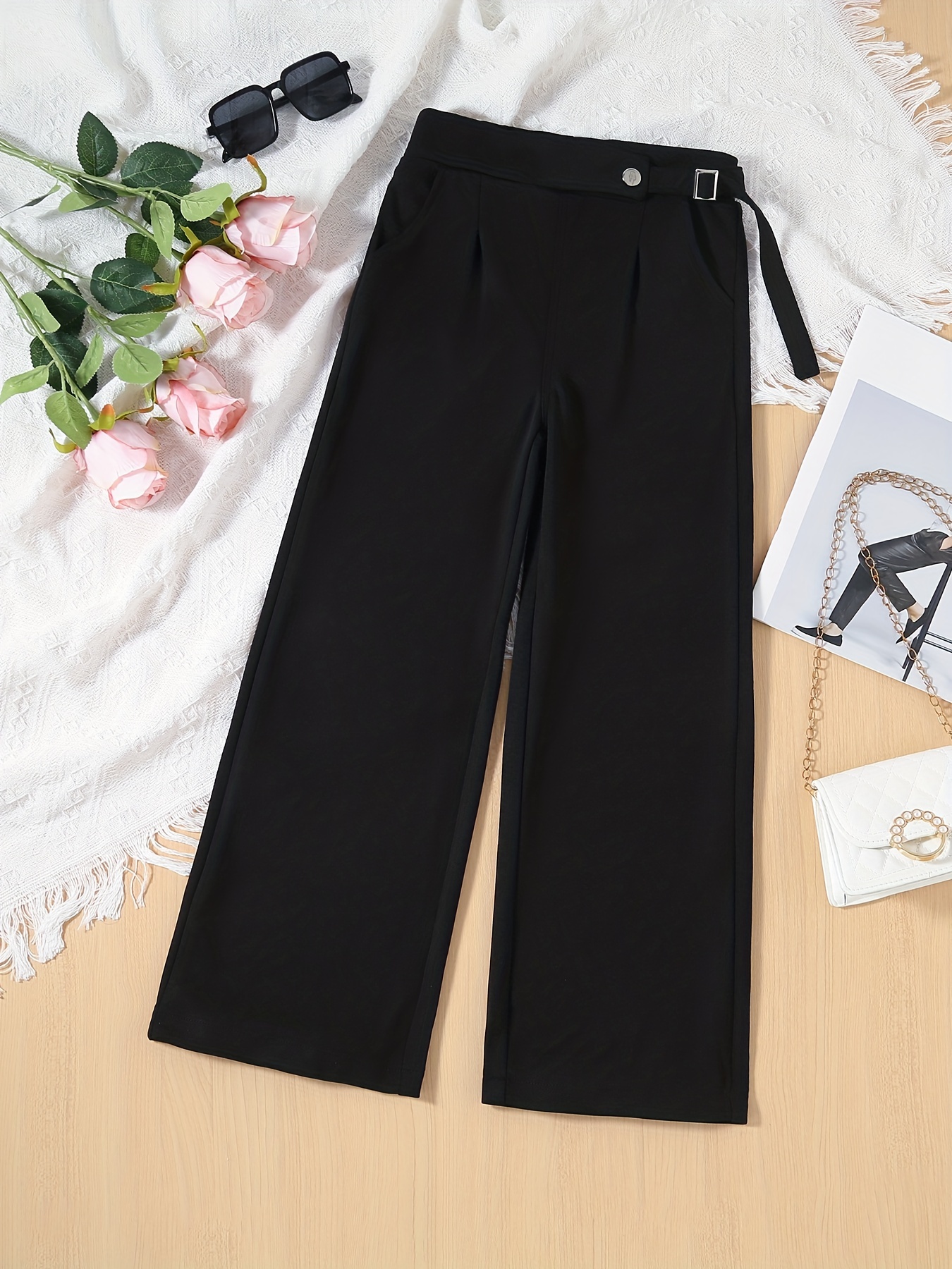 Solid Textured Split Wide Leg Pants Casual Tied High Waist - Temu  Philippines