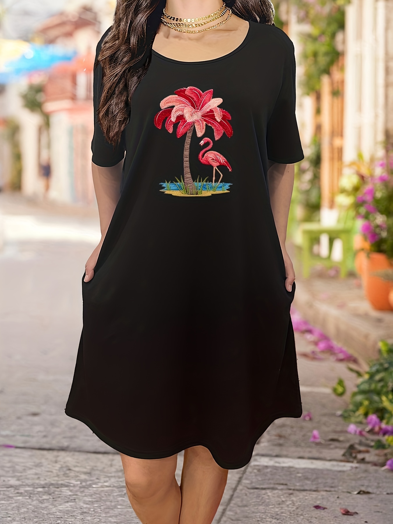 Flamingo print discount dress plus size