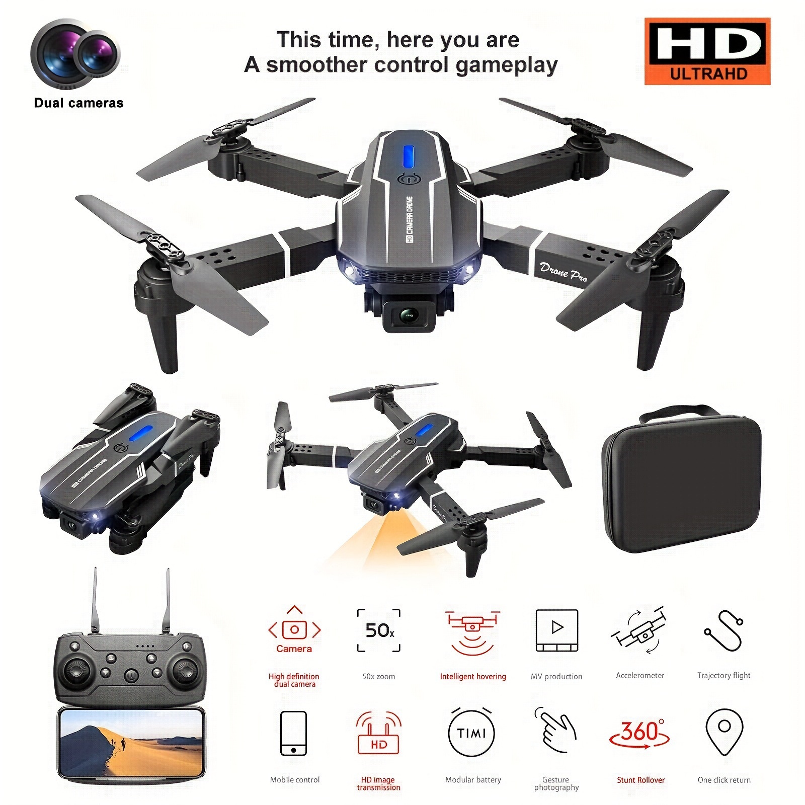 Drone avec caméra 4K, drone double caméra suivi de vol, capteur de gravité,  geste, photo, maintien d'altitude, mode 'headless', quadrirotor
