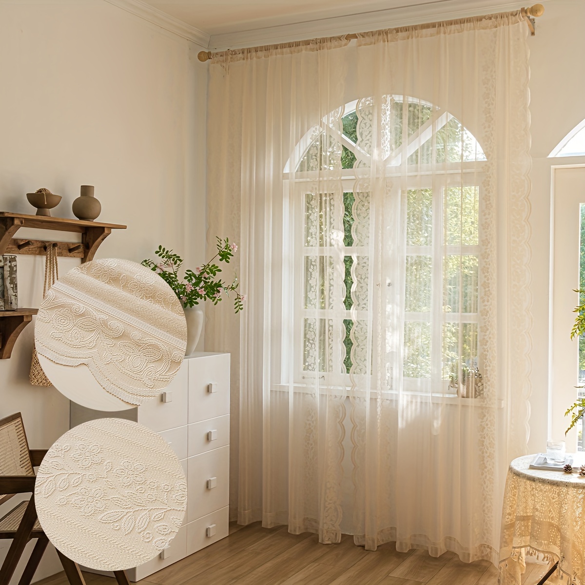 Floral Sheer Mesh Curtain Scallop Trim Curtains For Living - Temu